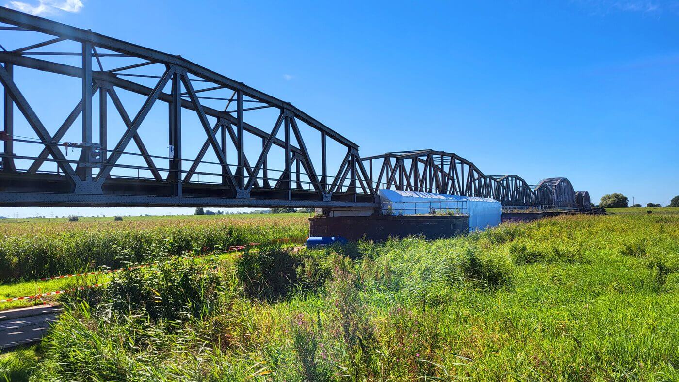 Lange stählerne Fachwerkbrücke über grüne Wiesen und Schilf unter klarem blauem Himmel.